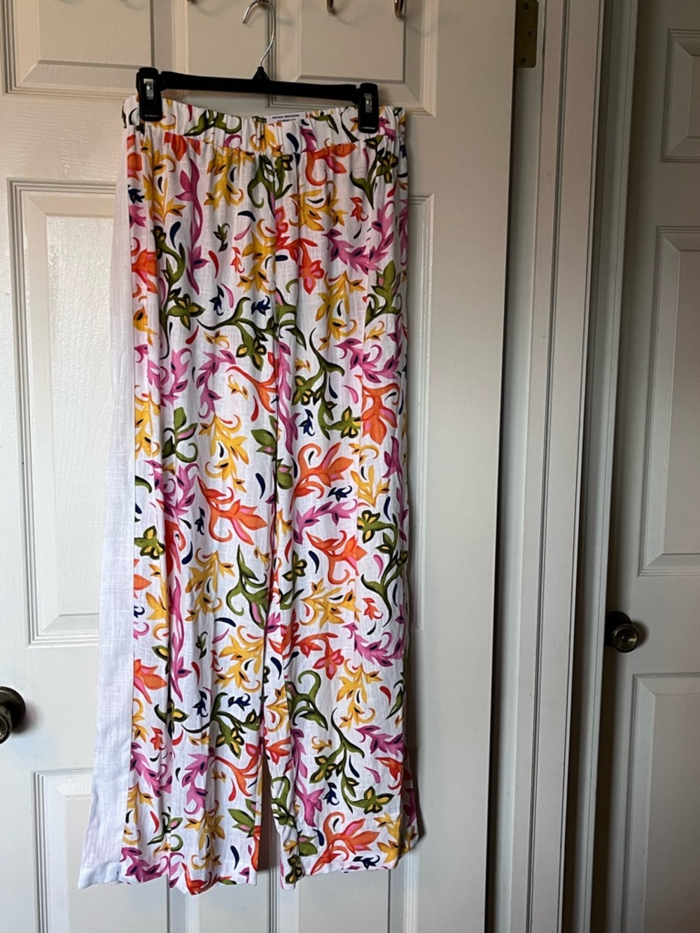 JM Collection Women's L White Wide-Leg Linen Blend Floral Print Pants